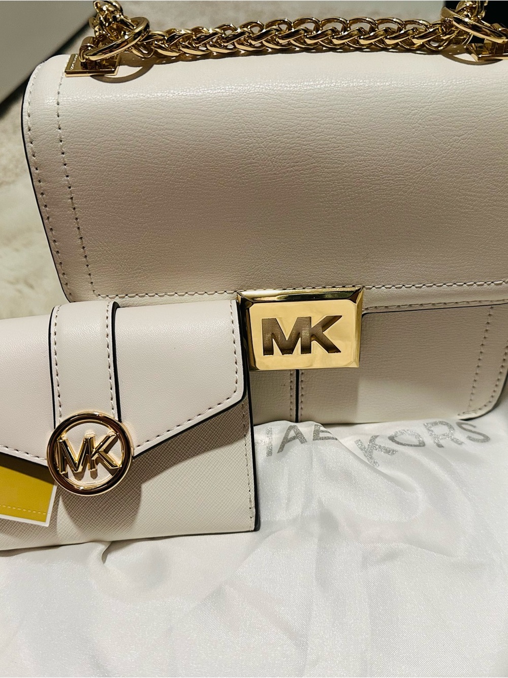 Michael Kors Ivory Crossbody Bag with Matching Wallet and Gold Hardware